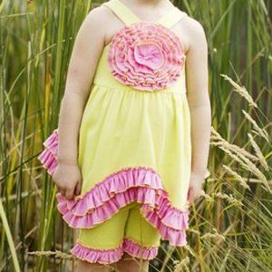 Sam & Sydney Boutique Girls Blue Pink Rosette Ruffle Short Set Size 6